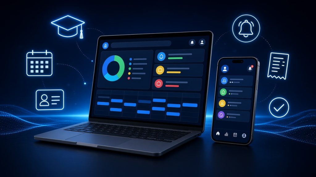School management system dashboard on a laptop and parent app on a phone